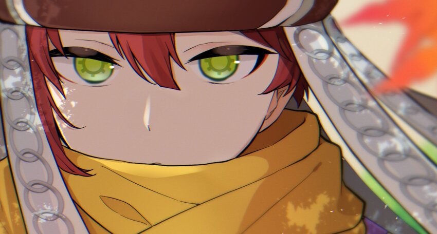 1boy blurry blurry_foreground close-up closed_mouth commentary cuilang_(rune_factory) eco_(comochz) gear-shaped_pupils green_eyes hair_between_eyes hat highres leaf male_focus orange_scarf portrait red_hair rune_factory rune_factory:_guardians_of_azuma scarf solo
