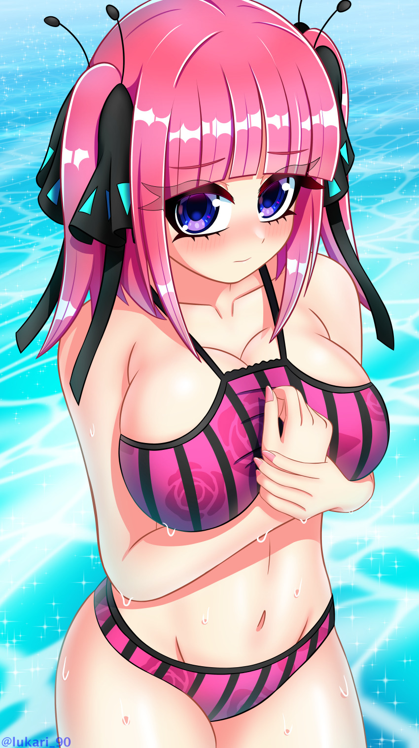 1girl artist_name bikini black_bikini black_ribbon breasts cleavage closed_mouth collarbone cowboy_shot dot_nose embarrassed eyebrows eyelashes female_focus from_above go-toubun_no_hanayome hair_ribbon large_breasts long_hair looking_at_viewer looking_up lukari multicolored_bikini nakano_nino navel ocean pink_bikini pink_hair purple_eyes ribbon solo standing striped_clothes swimsuit twintails two-tone_bikini vertical-striped_clothes water