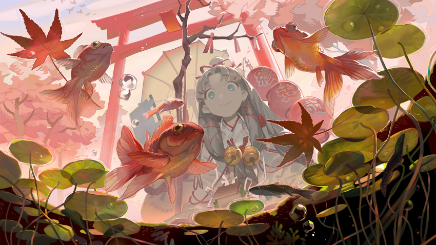 1girl blue_eyes blue_sky bubble character_request cherry_blossoms chinese_commentary closed_mouth cloud commentary_request day eyelashes falling_petals fish flock goldfish grey_hair hair_bun hair_half_over_shoulder hair_ribbon happy japanese_clothes kimono leaf lily_pad long_hair long_sleeves maple_leaf miko oil-paper_umbrella onmyoji outdoors pale_skin paper_doll petals red_ribbon ribbon sack shishio_(shishio5431) short_kimono single_hair_bun sky smile solo spring_(season) tareme torii tree tress_ribbon umbrella underwater underwater_shot upper_body very_long_hair white_kimono white_umbrella