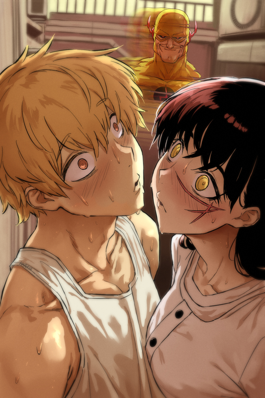 1girl 2boys after_kiss afterimage alley black_hair blonde_hair blush bodysuit breasts chainsaw_man confused crossover dc_comics denji_(chainsaw_man) grin haraya_manawari hetero highres implied_handjob mask medium_breasts multiple_boys nose_blush orange_eyes pectoral_cleavage pectorals red_eyes reverse_flash scar scar_on_face shirt smile sweat tank_top the_flash_(series) white_shirt white_tank_top wide-eyed yellow_eyes yoru_(chainsaw_man)