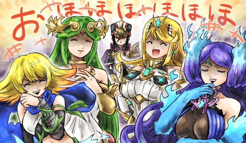 5girls black_hair blue_fire blue_gloves blue_scarf breasts brighid_(xenoblade) chest_jewel closed_eyes diadem false_smile fiery_hair fire gloves green_hair hat kicdon kid_icarus kid_icarus_uprising midriff military_hat morag_ladair_(xenoblade) multiple_girls mythra_(xenoblade) nintendo palutena phosphora scarf shaded_face smile super_smash_bros. xenoblade_chronicles_(series) xenoblade_chronicles_2