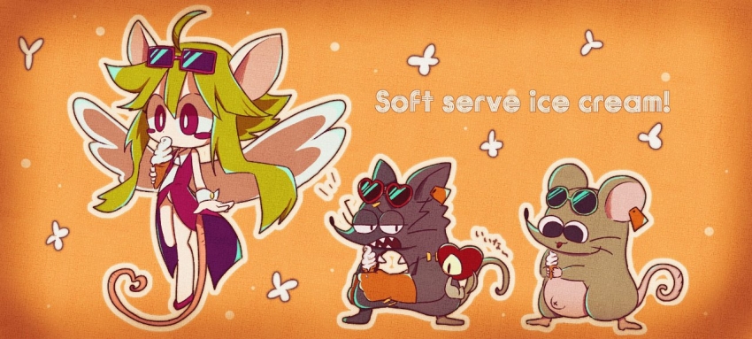 1girl ahoge animal_ears blush_stickers ear_tag food gloves green_hair heart heart_(mad_rat_dead) heart_tail ice_cream ice_cream_cone leotard mad_rat mad_rat_dead mob_rat_(mad_rat_dead) mouse_(animal) mouse_ears mouse_girl mouse_tail nippon_ichi rat_god red_eyes sunglasses_on_head tail tie_clip wings wrist_cuffs