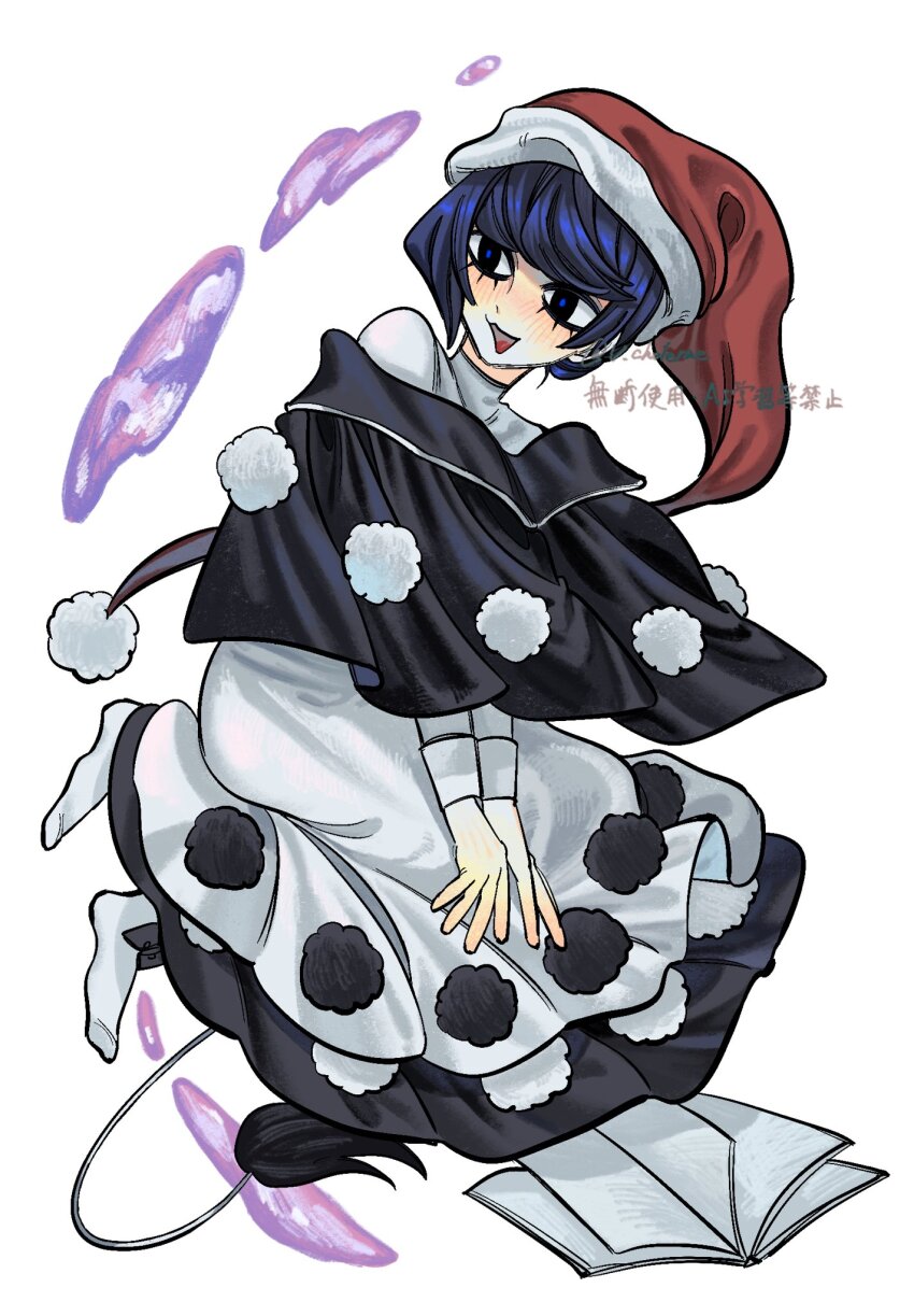1girl black_capelet blob blue_hair book bow_legwear capelet doremy_sweet dream_world_(touhou) dress full_body hat highres kz_m_i legacy_of_lunatic_kingdom long_sleeves lower_eyelashes_only multicolored_dress nightcap nightgown pom_pom_(clothes) red_hat short_hair signature socks solo tail tapir_tail touhou triangle_mouth white_background white_socks