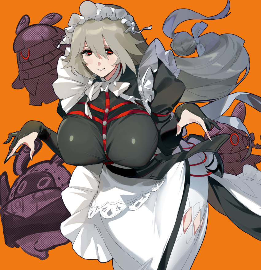 1girl alexandrina_sebastiane apron bangboo_(zenless_zone_zero) black_dress bow bowtie breasts commentary_request dress frilled_apron frills gloves grey_hair highres huge_breasts long_hair looking_at_viewer low-tied_long_hair maid maid_apron maid_headdress negresco orange_background partially_fingerless_gloves puffy_sleeves red_eyes skirt smile solo_focus very_long_hair waist_apron white_apron white_bow white_bowtie white_skirt zenless_zone_zero