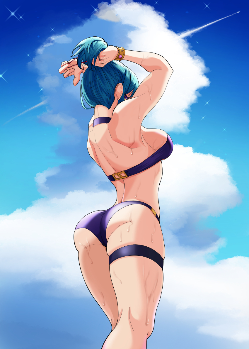 1girl absurdres arms_up ass back bikini blue_hair blue_sky bracelet breasts cloud cloudy_sky commentary contrail eula_(genshin_impact) from_behind genshin_impact highres jewelry looking_at_viewer looking_back medium_breasts partially_obscured pink_eyes purple_bikini sideboob sky star_(sky) starry_sky sweat swimsuit thick_thighs thigh_strap thighs tying_hair walnut_1477 wet
