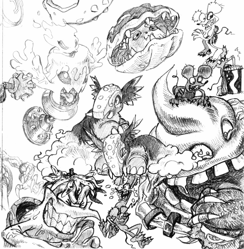 bakumon burger candmon digimon digimon_(creature) fire gerbemon highres open_mouth scumon shakomon tail teeth tongue tyumon