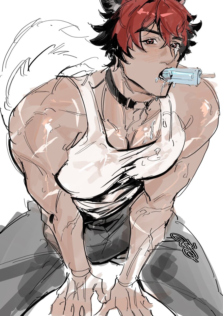 1boy animal_ears bara bittersweet334 black_choker blush choker dog_boy food food_in_mouth highres komano_manato large_pectorals looking_at_viewer male_focus melting_popsicle multicolored_hair multiple_scars muscular muscular_male pectorals piercing popsicle popsicle_in_mouth red_eyes scar scar_across_eye scar_on_face shirt short_hair solo white_shirt zenless_zone_zero