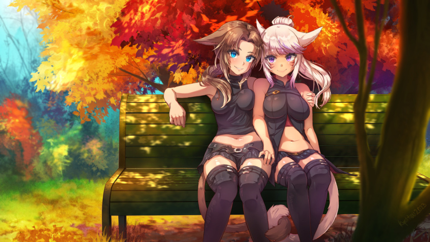 2girls animal_ears arm_around_shoulder autumn_leaves bench black_skirt black_thighhighs blue_eyes breasts brown_hair cat_ears cat_girl cat_tail commission day facial_mark final_fantasy final_fantasy_xiv kyattsu large_breasts leaf long_hair looking_at_viewer medium_breasts midriff miqo&#039;te multiple_girls navel on_bench outdoors pleated_skirt ponytail purple_eyes skirt sleeveless smile tail thighhighs warrior_of_light_(ff14) whisker_markings white_hair wooden_bench