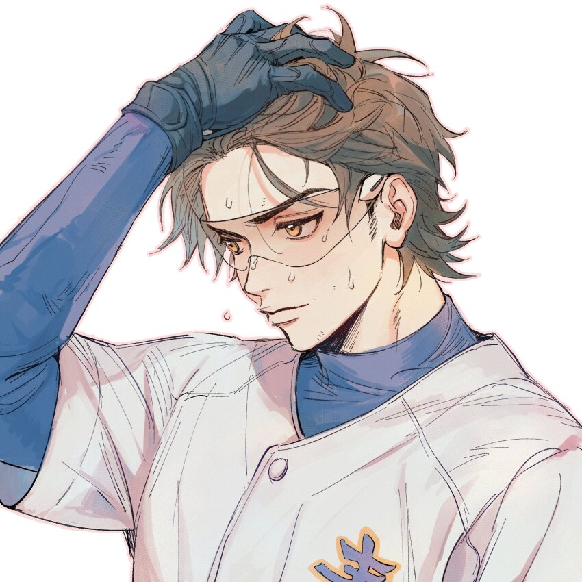 1boy ace_of_diamond baseball_uniform black_gloves blue_undershirt brown_eyes brown_hair closed_mouth compression_shirt gloves goggles highres male_focus miyuki_kazuya portrait shirt_under_shirt simple_background solo sportswear sweat white_background zechengm19