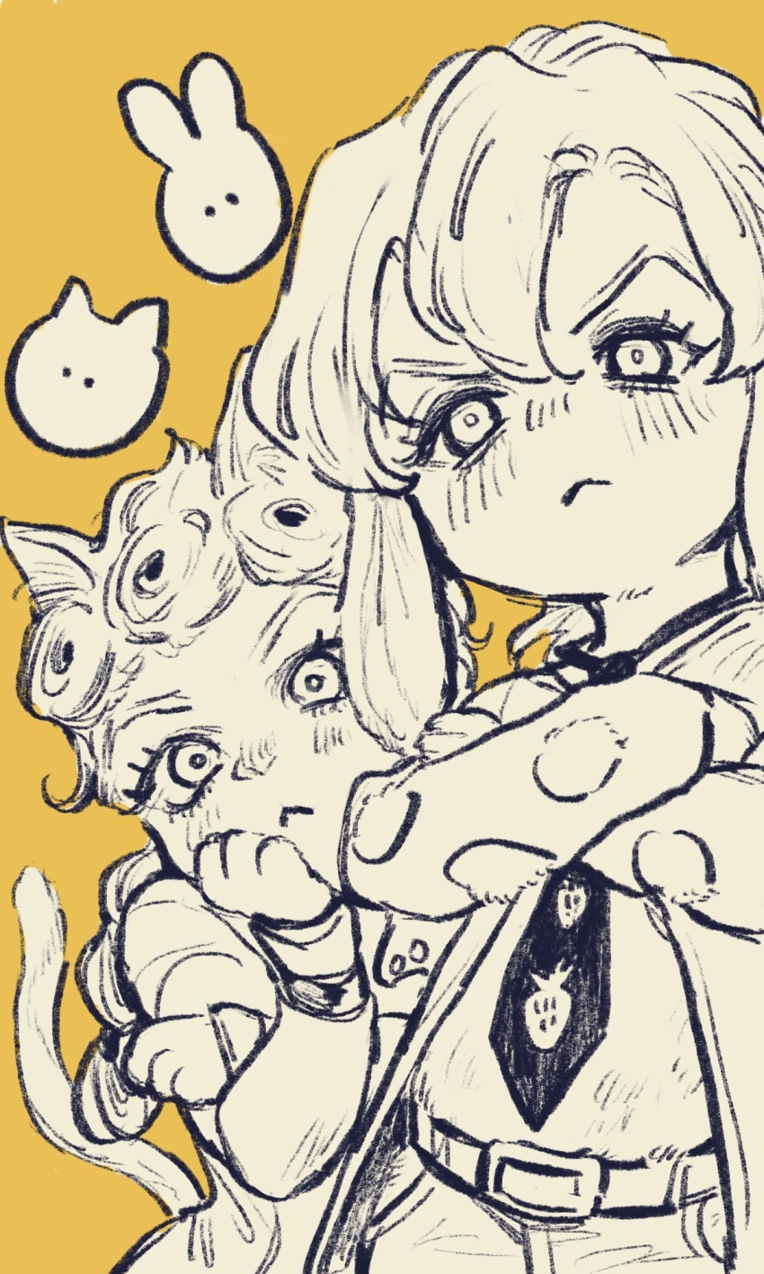2boys :&lt; animal_ears black_necktie cat_boy cat_ears cat_tail chibi crossed_arms giorno_giovanna greyscale_with_colored_background hand_on_own_cheek hand_on_own_face highres jacket jojo_no_kimyou_na_bouken kemonomimi_mode looking_at_viewer male_focus multiple_boys necktie okokoro_zaiku pannacotta_fugo pants rabbit_boy rabbit_ears sketch tail vento_aureo victory_rolls yellow_background