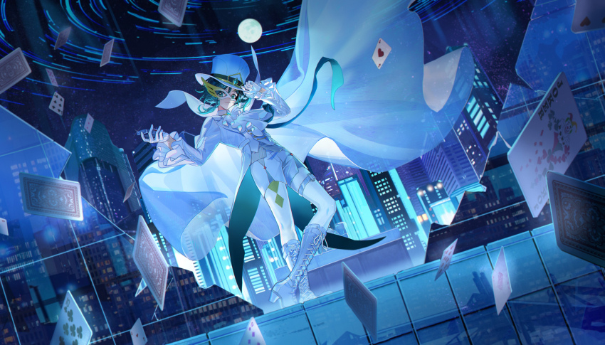 1boy aqua_eyes aqua_gemstone aqua_hair ascot black_hair boots braid brooch building cape card city closed_mouth coattails collared_cape collared_shirt commentary english_commentary eye_mask floating_card floating_hair frilled_sleeves frills full_moon gem genshin_impact gloves gradient_hair hair_between_eyes half_mask hand_on_headwear hands_up hat high_collar highres hitokoto hoyofair jacket jewelry joker_(playing_card) knee_boots lace-up_boots long_sleeves looking_at_viewer male_focus mask medium_hair moon multicolored_hair night night_sky o-ring o-ring_thigh_strap open_clothes open_jacket pantyhose parted_bangs playing_card shirt short_shorts shorts side_braids sky skyscraper smile solo standing star_trail thigh_strap top_hat twin_braids venti_(genshin_impact) vest white_ascot white_boots white_cape white_gloves white_hat white_jacket white_pantyhose white_shirt white_shorts white_vest