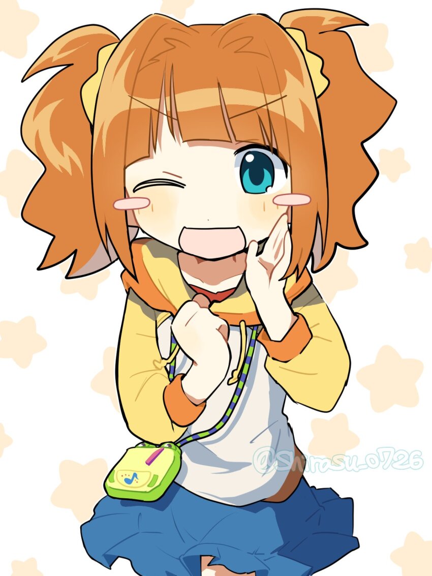 1girl ;d blue_skirt blush_stickers brown_hair green_eyes highres hood hoodie idolmaster long_hair looking_at_viewer nm_shirasu one_eye_closed open_mouth pleated_skirt skirt smile solo star_(symbol) takatsuki_yayoi twintails twitter_username