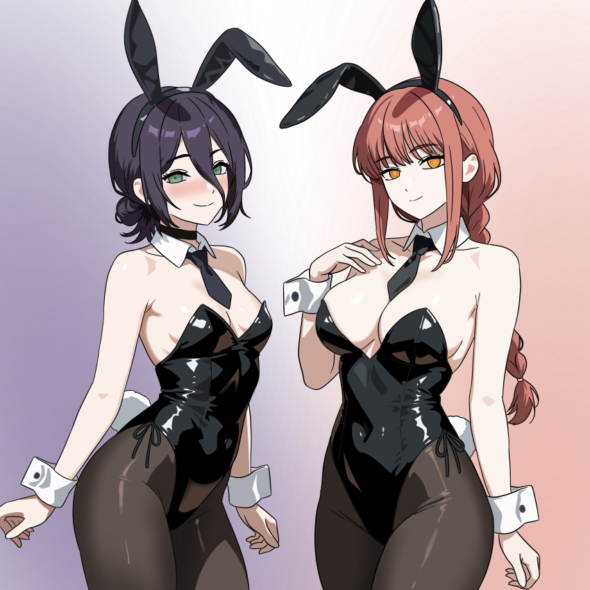 2girls absurdres alternate_costume animal_ear_hairband animal_ears aqua_eyes bare_shoulders black_hair black_hairband black_leotard black_necktie black_pantyhose blush braid braided_ponytail breasts chainsaw_man closed_mouth commentary covered_navel cowboy_shot detached_collar fake_animal_ears fake_tail gradient_background gubee hair_between_eyes hairband hand_on_own_chest highres large_breasts leotard long_hair looking_at_viewer makima_(chainsaw_man) multiple_girls necktie orange_eyes pantyhose playboy_bunny rabbit_ear_hairband rabbit_ears rabbit_tail red_eyes reze_(chainsaw_man) ringed_eyes sidelocks small_breasts smile strapless strapless_leotard tail white_wrist_cuffs wrist_cuffs