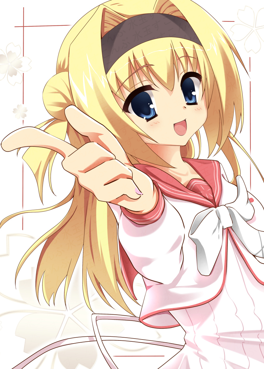 1girl :d absurdres black_hairband blonde_hair blue_eyes blush chitose_sana commentary double_bun hair_between_eyes hair_bun hair_intakes hairband happy highres index_finger_raised long_hair long_sleeves open_mouth pink_serafuku pink_shirt pink_skirt pointing pointing_at_viewer red_sailor_collar sailor_collar school_uniform serafuku shirt simple_background skirt smile solo sukonbu385 tenshinranman two_side_up upper_body white_background