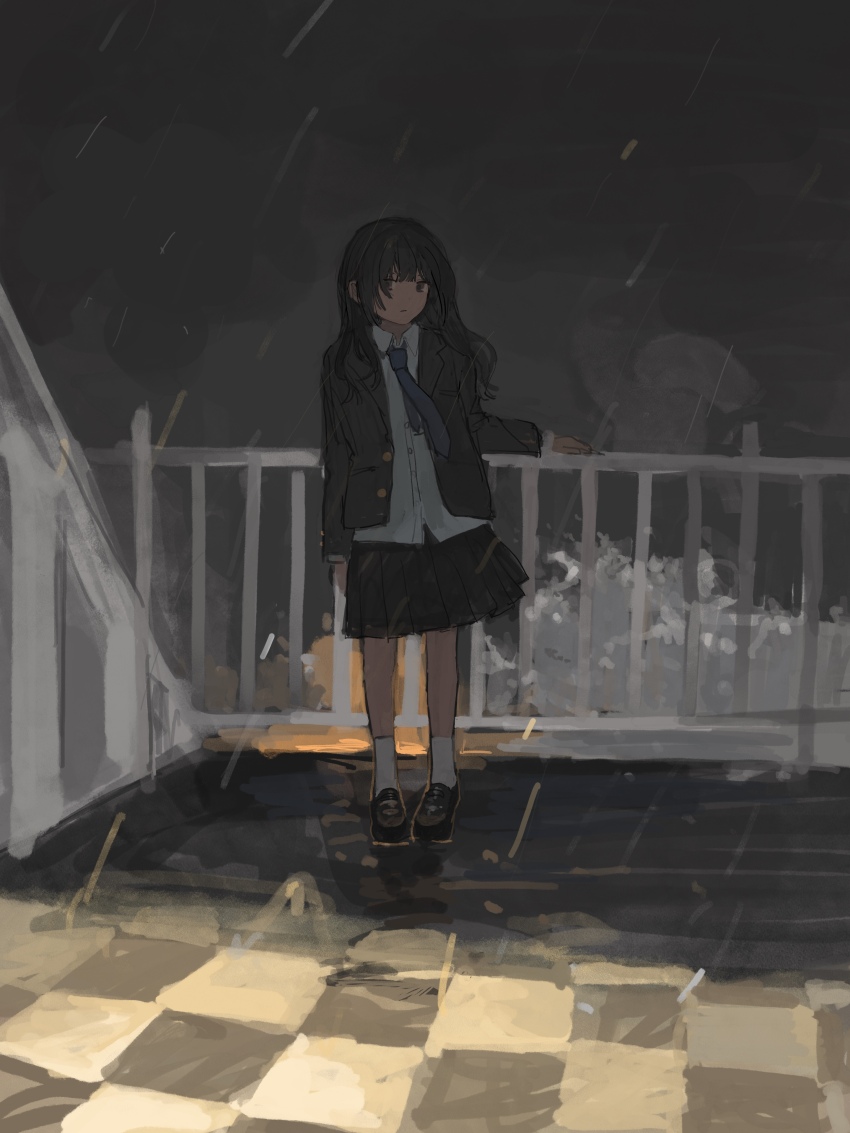 1girl 62_retas absurdres black_eyes black_hair black_jacket black_skirt blazer blue_necktie checkered_floor closed_mouth collared_shirt dark expressionless full_body grey_sky highres jacket loafers long_hair long_sleeves looking_at_viewer necktie night open_clothes original outdoors overcast pleated_skirt railing rain school_uniform shirt shoes skirt sky socks solo standing white_shirt white_socks