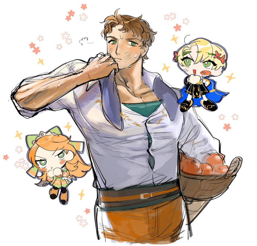 1girl 2boys absurdres alfred_(fire_emblem) basket blonde_hair boucheron_(fire_emblem) etie_(fire_emblem) fire_emblem fire_emblem_engage green_eyes highres holding holding_basket mochako_(motyako_1005) multiple_boys nintendo orange_hair orange_pants pants shirt white_shirt