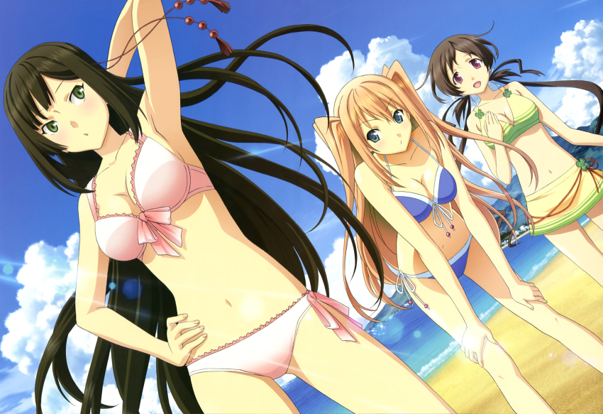10s 3girls absurdres aomi_isara arm_behind_head beach bent_over bikini bikini_skirt black_hair blue_eyes breasts brown_hair cleavage cloud day dutch_angle green_eyes hand_on_own_hip hands_on_own_knees highres hip_focus inomata_masami koi_to_senkyo_to_chocolate leaning_forward long_hair medium_breasts multiple_girls navel non-web_source nyantype ocean official_art open_mouth outdoors red_eyes scan shinonome_satsuki side-tie_bikini_bottom sky sumiyoshi_chisato swimsuit twintails two_side_up very_long_hair water