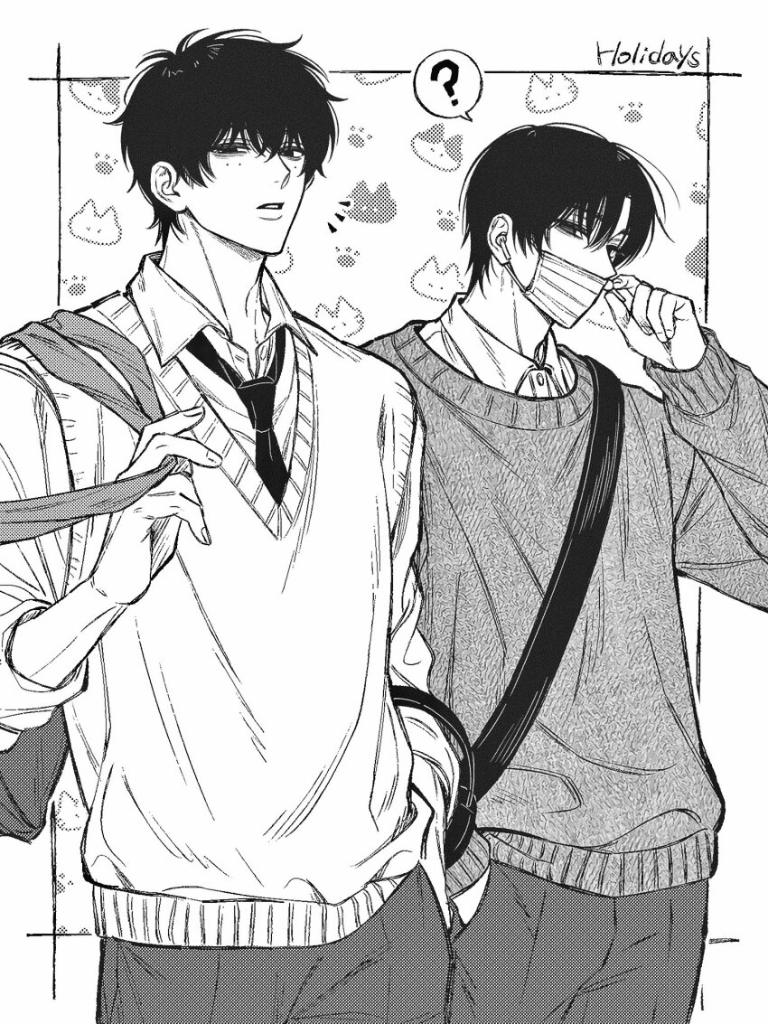 2boys ? airpods bag brothers collared_shirt covered_mouth cowboy_shot earphones empty_eyes expressionless fingernails greyscale hand_in_pocket hand_up highres holding holding_earphones kuroiisana looking_at_viewer male_focus mask mole mole_under_eye monochrome mouth_mask multiple_boys multiple_moles necktie pants parted_bangs parted_lips sakamoto_days school_bag school_uniform seba_mafuyu seba_natsuki shirt short_hair shoulder_strap siblings sideways_glance standing straight_hair sweater sweater_vest wavy_hair wireless_earphones