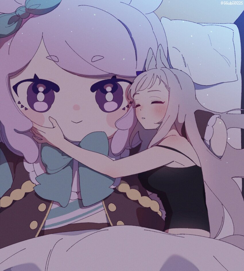 1girl animal_ears bed black_shirt blanket blush breasts camisole character_doll closed_eyes doll doqute_stuffed_doll ggubii0225 gold_ship_(umamusume) grey_hair highres horse_ears indoors long_hair medium_breasts parted_lips pillow shirt sleeping solo twitter_username umamusume under_covers upper_body watermark