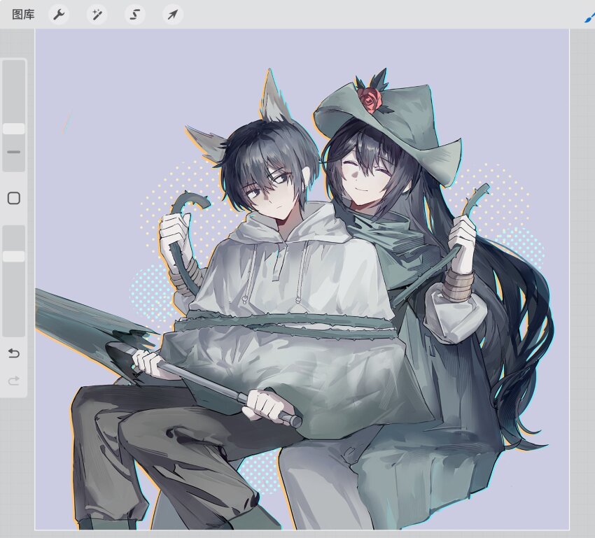 2boys animal_ears art_program_in_frame black_hair bochishiraita bound brown_pants closed_eyes double-parted_bangs e.g.o_(project_moon) feet_out_of_frame flower fox_ears green_hat green_hoodie hair_between_eyes halftone halftone_background hat head_tilt highres holding holding_rope holding_umbrella hong_lu_(project_moon) hood hoodie lasso_(e.g.o) limbus_company long_hair looking_at_another multiple_boys muted_color orange_outline outline pants procreate_(software) project_moon rope rose sitting sitting_on_lap sitting_on_person smile sunshower_(e.g.o) tied_up_(nonsexual) umbrella very_long_hair white_hoodie yi_sang_(project_moon)