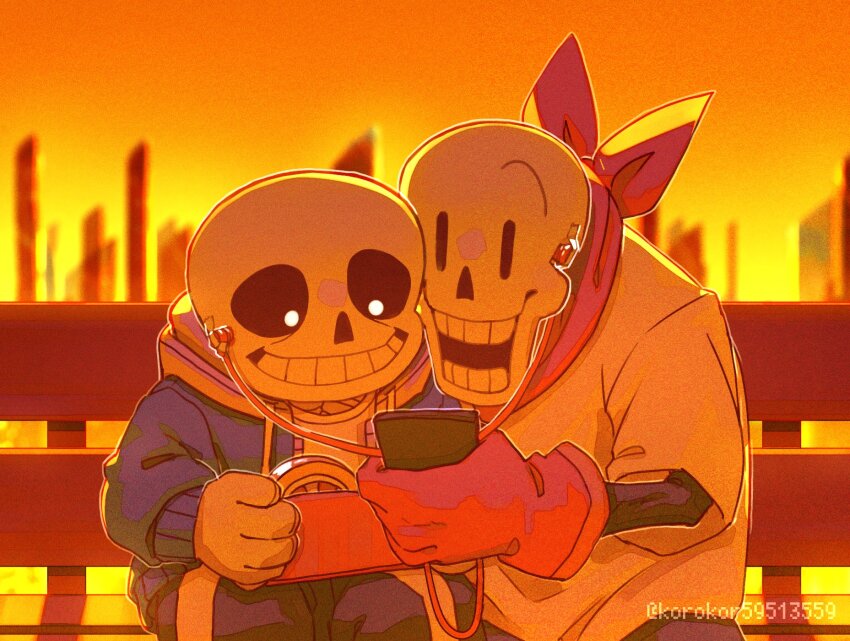 2boys black_pants black_shorts blue_jacket brothers earphones gloves highres holding holding_phone hood hood_down hooded_jacket jacket korokor59513559 looking_at_phone male_focus multiple_boys outdoors pants papyrus_(undertale) phone red_gloves red_scarf sans_(undertale) scarf shared_earphones shirt shorts siblings skeleton smile sunset teeth twitter_username undertale white_shirt