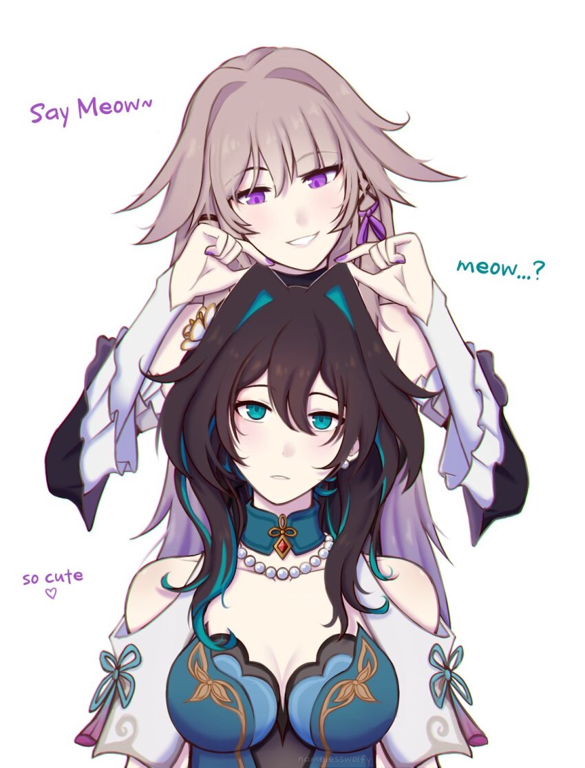2girls black_hair breasts brown_hair commentary dress english_commentary english_text green_dress green_eyes green_hair grin herta_(honkai:_star_rail) highres honkai:_star_rail honkai_(series) jewelry long_hair multicolored_hair multiple_girls namelesswolf necklace pearl_necklace purple_eyes ruan_mei_(honkai:_star_rail) simple_background smile streaked_hair the_herta_(honkai:_star_rail) two-tone_hair white_background