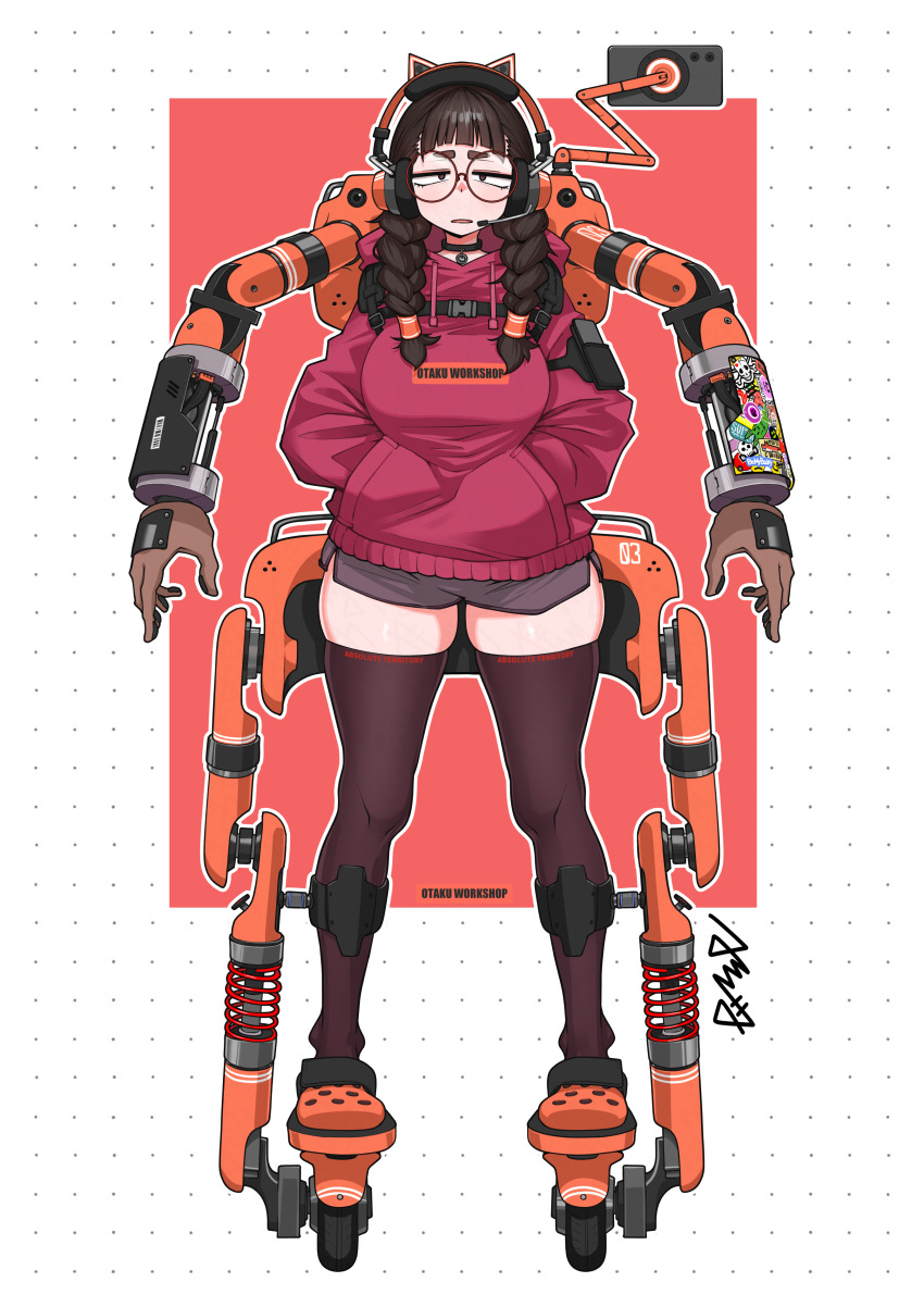 1girl absurdres animal_ear_headphones animal_ears assha_(schector) blunt_bangs braid breasts brown_eyes brown_hair brown_thighhighs cat_ear_headphones commentary_request crocs dolphin_shorts fake_animal_ears full_body glasses grey_shorts hands_in_pocket headphones highres hood hood_down hoodie jimiko large_breasts long_hair looking_at_viewer mechanical_arms open_mouth orange_shoes original red-framed_eyewear red_hoodie round_eyewear shoes shorts solo standing thighhighs twin_braids white_background
