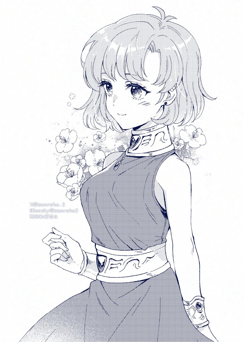 1girl arm_behind_back bare_shoulders bracer breasts cowlick dress earrings final_fantasy final_fantasy_v floral_background greyscale halter_dress halterneck highres jewelry lenna_charlotte_tycoon light_blush medium_breasts medium_hair monochrome parted_bangs pendant_choker sanroku_3 screentones solo twitter_username upper_body white_background