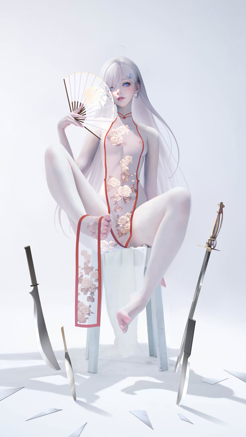 1girl ahoge barefoot blue_eyes breasts china_dress chinese_clothes commentary_request dress feet folding_fan grey_eyes grey_hair hair_over_one_eye hand_fan heterochromia highres holding holding_fan legs lips long_hair looking_at_viewer nipples nyarko pale_skin pelvic_curtain see-through_clothes see-through_dress shibou_yuugi_de_meshi_o_kuu sideboob sitting small_breasts solo sword toes weapon white_background white_hair yuuki_(shibou_yuugi)