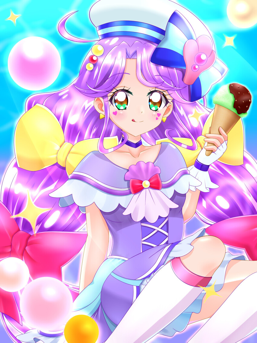 1girl :q absurdres ahoge blue_background blush bow bow_earrings breasts bright_pupils brooch bubble choker closed_mouth collarbone commentary cure_coral dress earrings facial_mark feet_out_of_frame fingerless_gloves food four-pointed_star gloves hair_bobbles hair_bow hair_ornament hand_up hat hat_ornament heart heart_facial_mark heart_in_eye heart_on_cheek highres holding holding_food holding_ice_cream holding_ice_cream_cone ice_cream ice_cream_cone jewelry knees_up licking_lips long_hair looking_at_viewer low_twintails magical_girl medium_dress multi-tied_hair multiple_hair_bows orange_eyes pink_bow precure purple_choker purple_dress purple_hair purple_sailor_collar sailor_collar sailor_hat shell_brooch shell_hat_ornament sitting sleeveless sleeveless_dress small_breasts smile socks solo star_(symbol) suzumura_sango symbol_in_eye tongue tongue_out touya_amagase tropical-rouge!_precure twintails very_long_hair white_gloves white_hat white_pupils white_socks yellow_bow