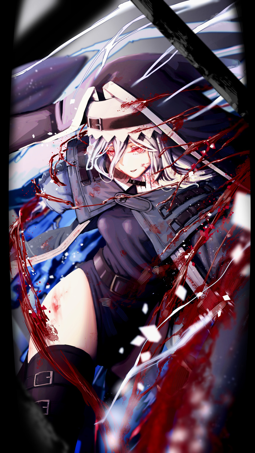 1girl absurdres arknights ascot belt belt_buckle black_belt black_dress black_hat blood blood_splatter buckle capelet clothing_cutout coif dress grey_ascot grey_capelet grey_hair hat highres hiroko129 nun pointy_hat red_eyes shoulder_strap solo specter_(arknights) thigh_cutout thigh_strap thighs two-sided_fabric two-sided_headwear underwater vignetting