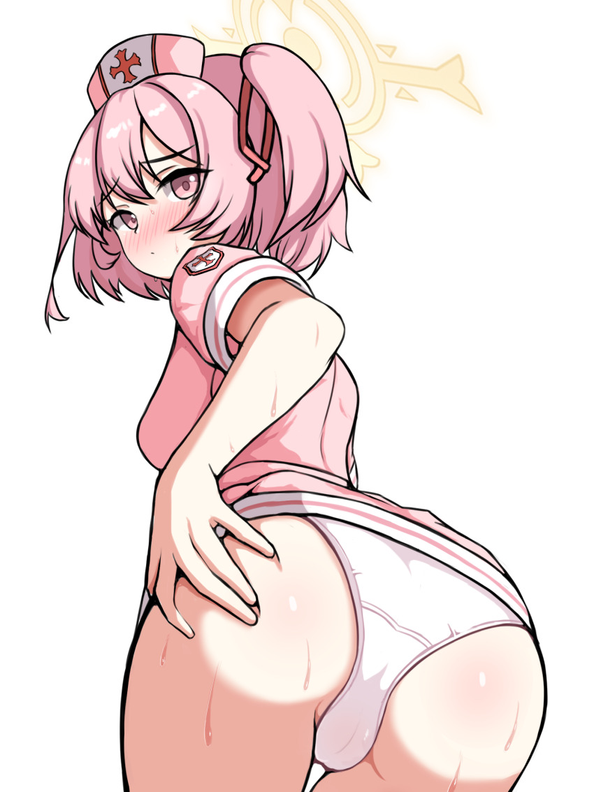 1girl ass blue_archive blush cameltoe commentary dress feather_hair from_behind halo hat highres io9 nurse nurse_cap official_alternate_costume one_side_up panties pink_dress pink_eyes pink_hair pink_hat serina_(blue_archive) serina_(nurse)_(blue_archive) short_hair solo sweat underwear white_panties yellow_halo