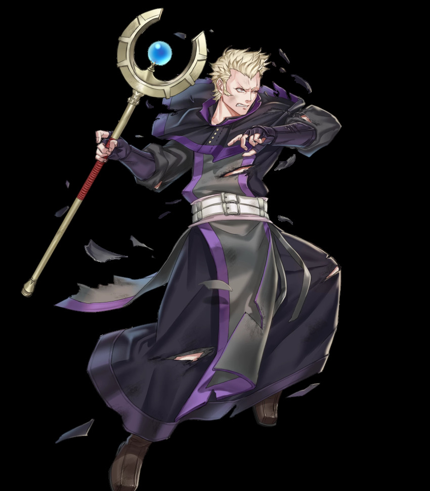 1boy belt blonde_hair boots brady_(fire_emblem) brown_eyes fingerless_gloves fire_emblem fire_emblem_awakening fire_emblem_heroes full_body gloves highres kuroba.k male_focus nintendo official_art one_eye_closed scar solo staff teeth torn_clothes transparent_background