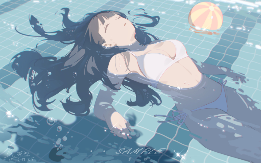 1girl ball beachball bikini black_hair closed_eyes floating original partially_submerged pool samu_eri solo swimsuit white_bikini