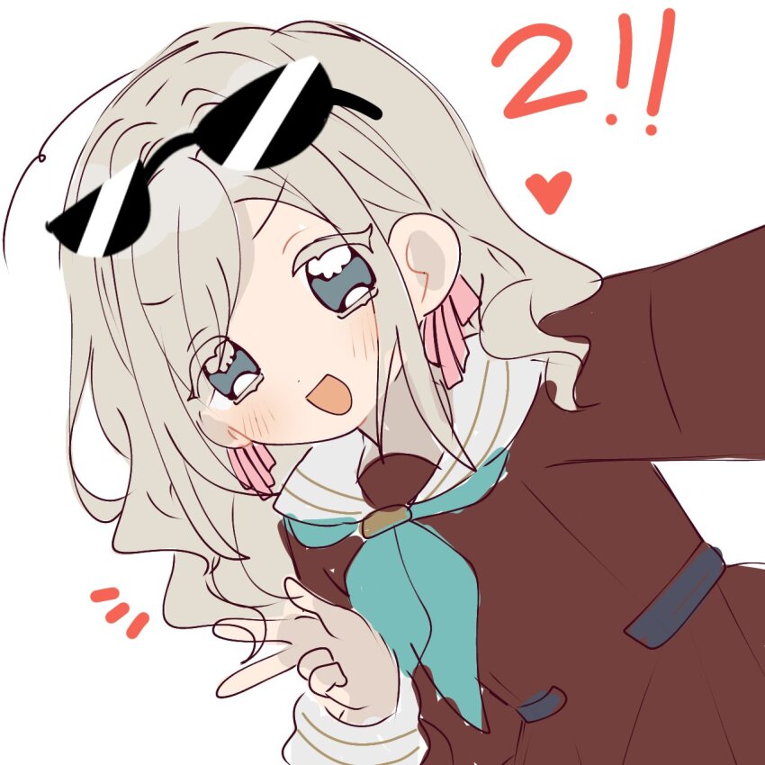 1girl :d blue_eyes blush brown_dress ceras_yanagida_lilienfeld col_person countdown dress eyewear_on_head hair_ribbon hasu_no_sora_school_uniform heart highres link!_like!_love_live! long_sleeves love_live! notice_lines open_mouth pink_ribbon ribbon sailor_collar sailor_dress school_uniform selfie simple_background smile solo sunglasses virtual_youtuber w white_background white_sailor_collar winter_uniform