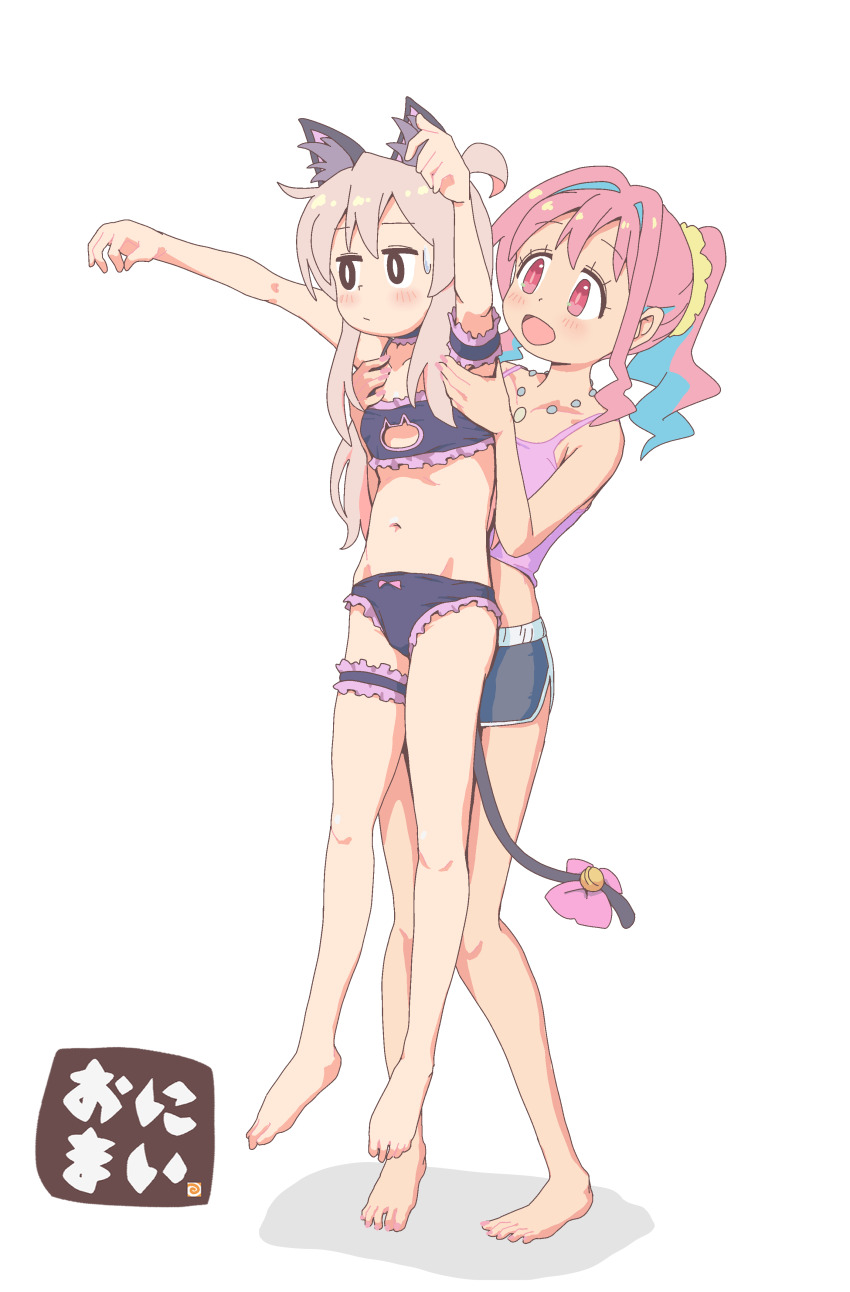 2girls absurdres animal_ears barefoot bell black_eyes bow bra cat_cutout cat_ears cat_lingerie cat_tail cleavage_cutout clothing_cutout fake_animal_ears fake_tail frilled_bra frilled_panties frills full_body genderswap genderswap_(mtf) highres hozuki_kaede jibijibipen long_hair meme_attire meme_request multiple_girls navel onii-chan_wa_oshimai! open_mouth oyama_mahiro panties pink_eyes pink_hair ponytail standing sweatdrop tail tail_bow tail_ornament underwear