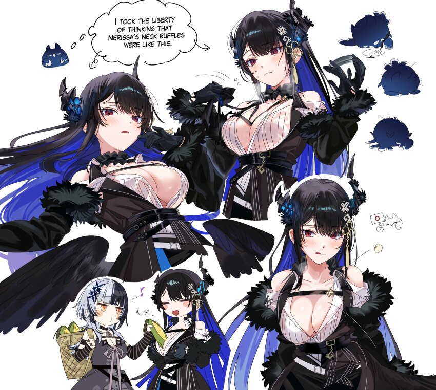 2girls :q absurdres afterimage arrow_(symbol) asymmetrical_horns bare_shoulders belt black_belt black_dress black_flower black_gloves black_hair black_horns black_jacket black_skirt black_wings blue_hair blush breasts chest_strap clothing_cutout colored_inner_hair commentary corn corn_cob cropped_torso demon_horns dress dress_shirt eighth_note english_text fanning_self feather-trimmed_jacket feathered_wings floating_hair flower food gloves grey_hair hair_ornament highres hololive hololive_english horn_flower horns jacket jailbird_(nerissa_ravencroft) large_breasts long_hair long_sleeves looking_at_viewer low_wings mole mole_under_eye motion_lines multicolored_hair multiple_girls multiple_views musical_note nerissa_ravencroft nerissa_ravencroft_(1st_costume) open_mouth parted_lips partially_unbuttoned popcorn puckered_lips red_eyes ribbed_shirt shiori_novella shiori_novella_(1st_costume) shirt shoulder_cutout skirt smile speech_bubble speed_lines split-color_hair steaming_body striped_arm_warmers sweat sweaty_clothes symbol-only_commentary tassel tassel_hair_ornament thought_bubble tongue tongue_out two-tone_hair underbust uneven_horns very_long_hair virtual_youtuber whistling white_background white_shirt wings yellow_eyes yomosaka