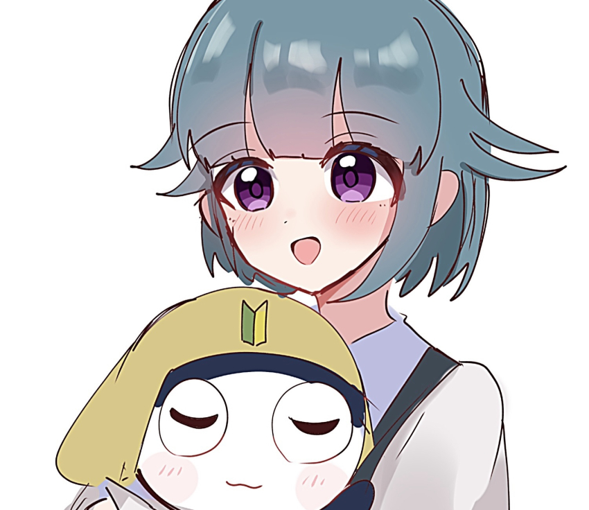 1boy 1girl :d blue_hair blush grey_sweater_vest highres holding keroro_gunsou nishizawa_momoka open_mouth purple_eyes shiroiro_obake shirt shoshinsha_mark smile sweater_vest tamama white_background white_shirt