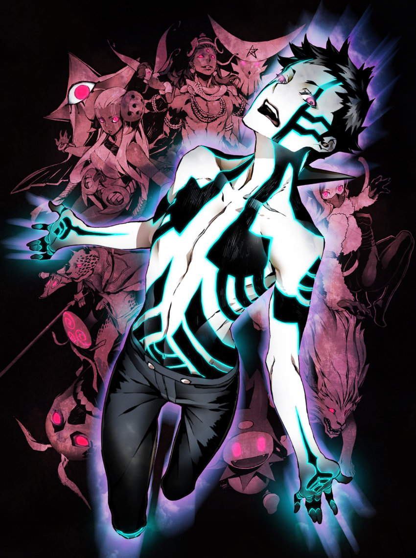 1boy abaddon_(megami_tensei) black_hair cerberus_(megami_tensei) crescent decarabia demi-fiend demon_(megami_tensei) fangs highres jack_frost_(megami_tensei) kikuri-hime makami miwa_shirow nekomata_(megami_tensei) open_mouth ose pixie_(megami_tensei) purple_eyes shiki-ouji_(megami_tensei) shin_megami_tensei shin_megami_tensei_iii:_nocturne shiva_(megami_tensei) shiva_(shin_megami_tensei) smile tattoo