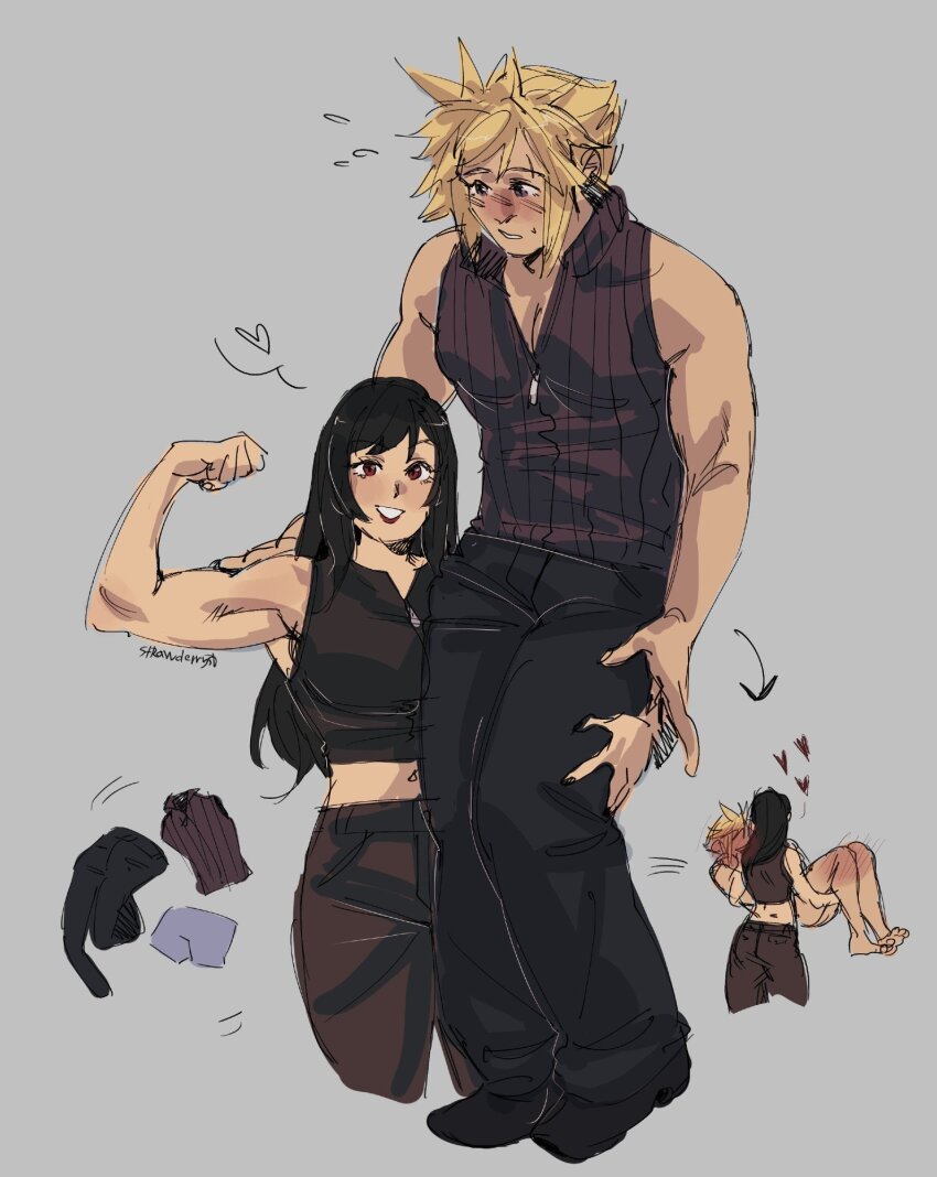 1boy 1girl artist_name black_hair black_vest blonde_hair blush carrying clothed_female_nude_male clothes_on_floor cloud_strife final_fantasy final_fantasy_vii flexing heart highres long_hair nude pants princess_carry red_eyes red_lips shoulder_carry sleeveless spiked_hair strawderryst tifa_lockhart toned vest white_background