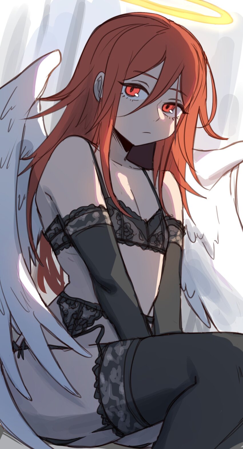 0lightsource 1boy absurdres angel angel_devil_(chainsaw_man) angel_wings black_bra black_gloves black_panties black_thighhighs bra brown_hair chainsaw_man elbow_gloves garter_belt garter_straps gloves halo highres lace lace-trimmed_bra lace-trimmed_garter_belt lace-trimmed_gloves lace-trimmed_panties lace-trimmed_thighhighs lace_trim lingerie looking_at_viewer panties red_eyes solo thighhighs traditional_halo trap underwear wings