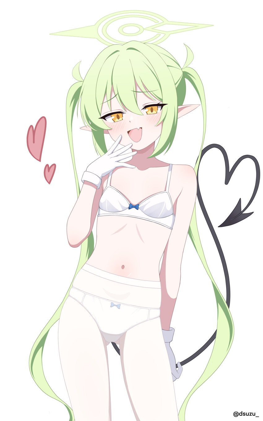 absurdres armband artist_name black_tail blue_archive bow bow_bra bow_panties bra breasts demon_tail dsuzu fang gloves gluteal_fold green_hair green_halo halo heart heart_tail highres long_hair looking_at_viewer navel nozomi_(blue_archive) panties panties_under_pantyhose pantyhose pointy_ears skin_fang small_breasts standing tail twintails underwear white_background white_bra white_panties white_pantyhose yellow_eyes