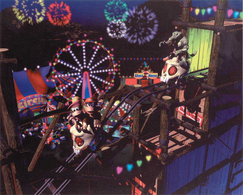 ape diddy_kong dixie_kong donkey_kong_(series) donkey_kong_country_2 klomp monkey nintendo official_art rareware roller_coaster