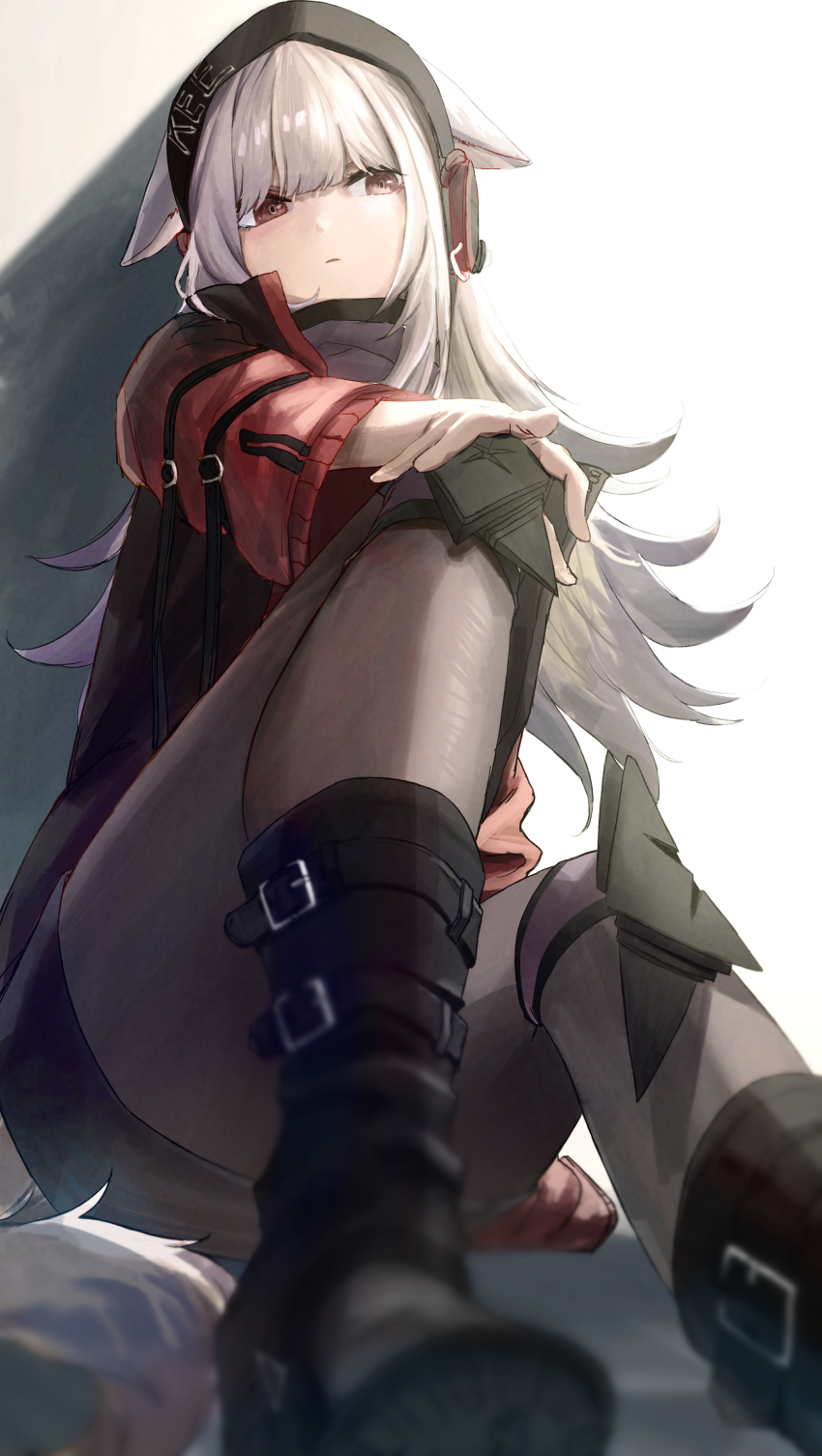 absurdres animal_ears arknights black_boots black_hat black_pantyhose black_skirt boots closed_mouth ears_through_headwear expressionless fox_ears fox_girl fox_tail frostleaf_(arknights) grey_hair hand_on_own_knee hat headphones highres jacket knee_boots knee_pads long_hair long_sleeves looking_at_viewer miniskirt open_clothes open_jacket pantyhose red_eyes red_jacket sawatani_(_swt2) sitting skirt tail