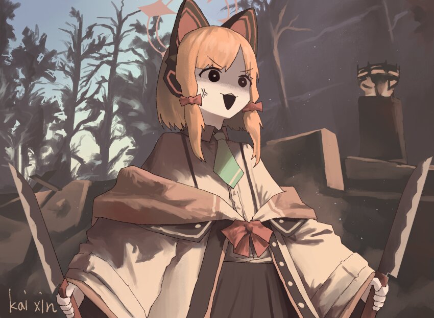 1girl anger_vein angry animal_ears black_eyes black_skirt blue_archive brazier cat_ears death_momoi_(meme) dual_wielding fake_animal_ears green_necktie highres holding holding_knife jacket kai_xin kitchen_knife knife momoi_(blue_archive) necktie open_mouth red_ribbon ribbon rock shirt skirt tree white_jacket white_shirt