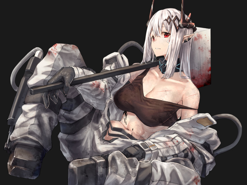 1girl arknights black_background blood bodysuit breasts demon_girl demon_horns earrings formal_clothes hammer horns jewelry kuromu large_breasts looking_at_viewer midriff mudrock_(arknights) pointy_ears red_eyes simple_background solo suit white_suit