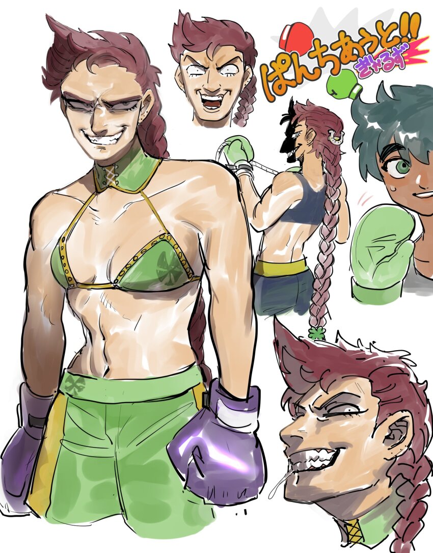 2girls aran_ryan black_hair blush boxing_gloves bra braid cowboy_shot crazy_eyes dancho_no_mori dark-skinned_female dark_skin detached_collar genderswap genderswap_(mtf) green_eyes grin little_mac long_hair multiple_girls muscular muscular_female navel nintendo punch-out!! red_hair sharp_teeth short_hair shorts smile solo_focus sweatdrop tank_top teeth underwear