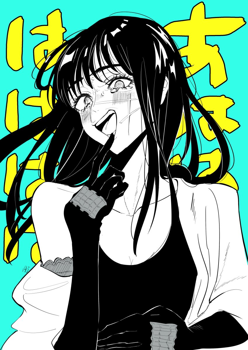 1girl absurdres aqua_background chainsaw_man crck elbow_gloves facial_scar gloves greyscale_with_colored_background highres jacket laughing long_hair looking_at_viewer open_mouth ringed_eyes scar scar_on_cheek scar_on_face scar_on_nose solo tank_top tearing_up teeth yoru_(chainsaw_man)