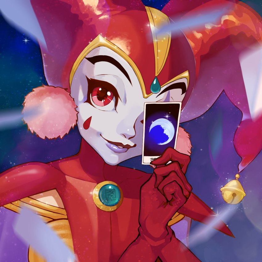 1girl bell card chrono_cross clown crescent_moon earrings facepaint floating_card fumezu1 gem gloves harle_(chrono_cross) harlequin hat highres holding holding_card jester_cap jewelry looking_at_viewer moon one_eye_covered parted_lips pom_pom_(clothes) pom_pom_earrings purple_lips red_eyes red_gloves red_hat smile solo tarot tarot_card teardrop_facial_mark the_moon_(tarot) upper_body