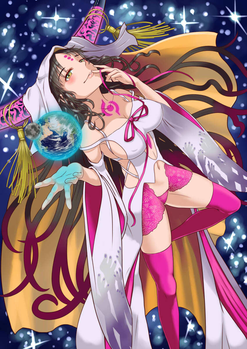 1girl baraniku black_hair black_horns blush boots breasts chest_tattoo cleavage commentary covered_erect_nipples cutout_above_navel dress earth_(planet) facial_mark fate/extra fate/extra_ccc fate/grand_order fate_(series) fingers_to_mouth foot_out_of_frame forehead_mark giant giantess gradient_hair grin handprint hands_up highres horn_ornament horn_ring horns large_breasts lips long_hair long_sleeves looking_at_viewer moon multicolored_hair multicolored_horns navel panties parted_bangs pink_boots pink_hair pink_horns pink_panties pink_ribbon planet print_sleeves ribbon sessyoin_kiara sideboob sidelocks smile solo space star_(symbol) stomach_tattoo tassel tattoo thigh_boots underwear very_long_hair white_dress wide_sleeves yellow_eyes